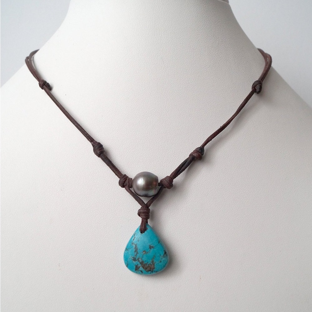Turquoise and Tahitian Pearl Brown Leather Necklace